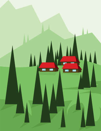 Abstract landscape design with green trees and hills, red houses in the mountains, flat style. Digital vector image.のイラスト素材