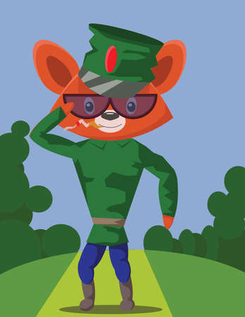 Fox character in military clothes, wearing glasses, smoking and giving honour and salute. Digital vector imageのイラスト素材