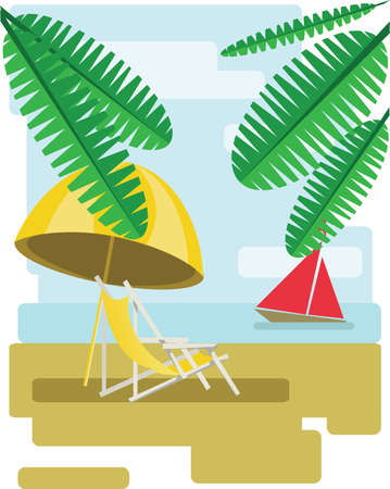 Abstract design with palm leaves, sand, beach umrella and chair and view to the sea with a red boat. Digital vector imageのイラスト素材