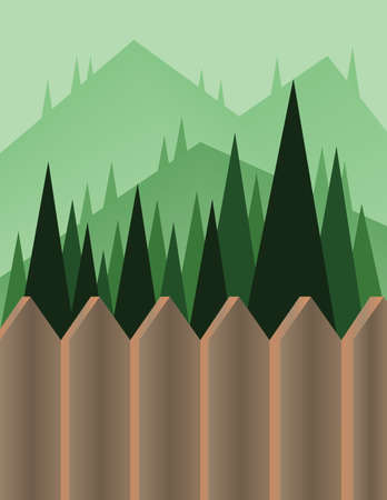 Abstract landscape design with green trees and hills, a brown fence and view to mountains, flat style. Digital vector image.のイラスト素材