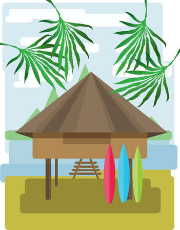 Abstract landscape design with palm trees and clouds, wooden tribal house with surf boards, flat style. Digital vector image.のイラスト素材