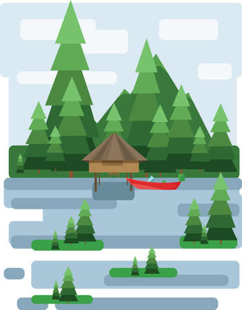 Abstract landscape design with green trees and clouds, a house and a boat on a lake, flat style. Digital vector image.のイラスト素材