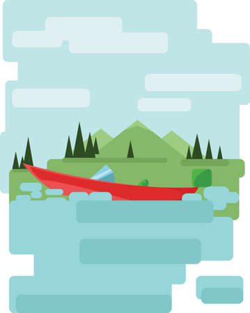 Abstract landscape design with green trees and clouds, a red boat on a lake, flat style. Digital vector image.のイラスト素材