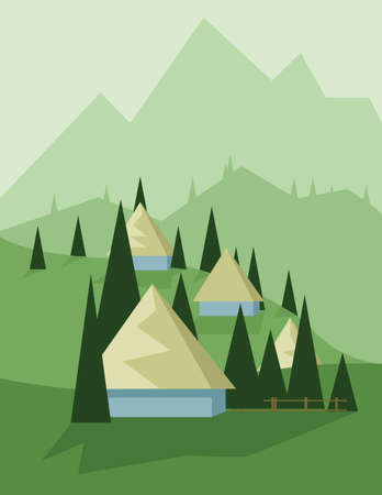 Abstract landscape design with green trees and hills, yellow houses in the mountains, flat style. Digital vector image.のイラスト素材