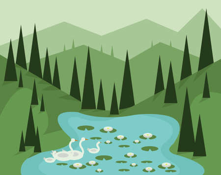 Abstract landscape design with green trees, hills and fog, geese swimming in a lake with waterlilies, flat style. Digital vector image.のイラスト素材