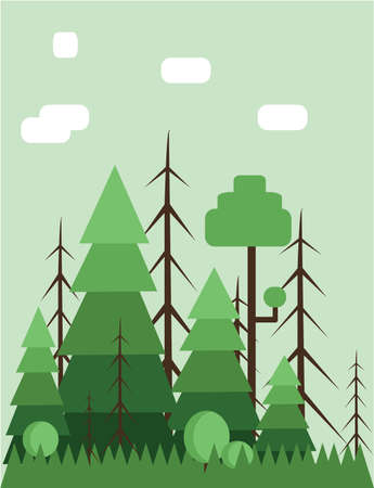 Abstract landscape design with green trees and clouds, flat style. Digital vector image.のイラスト素材