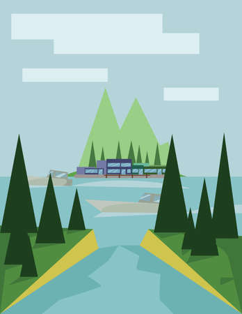 Abstract landscape design with green trees, clouds, a boat on a lake, view to island, flat style. Digital vector image.のイラスト素材