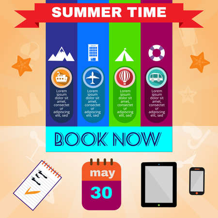 Summer time orange infographic, with book now text, gadgets and travel accessories, Digital vector imageのイラスト素材