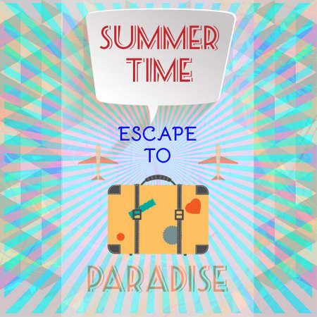 Abstract summer time infographic, with book now and escape to paradise text, planes and travel accessories, Digital vector imageのイラスト素材