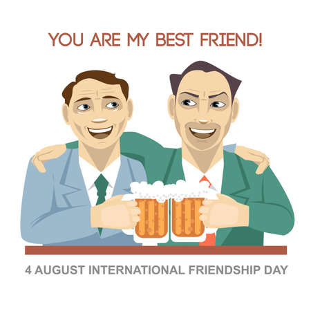 Happy friendship day card. 4 August. Best friends man drinking bear and shaking glasses. Digital vector imageのイラスト素材