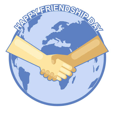 Happy friendship day card. 4 August. Best friends, two shaking hands symbol over map of world backdrop. Digital vector imageのイラスト素材