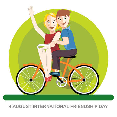 Happy friendship day card. 4 August. Best friends riding an orange bicycle. Digital vector imageのイラスト素材