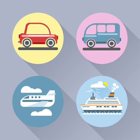 Auto icon set flat style. Car, bus, plane and ship. Digital vector imageのイラスト素材