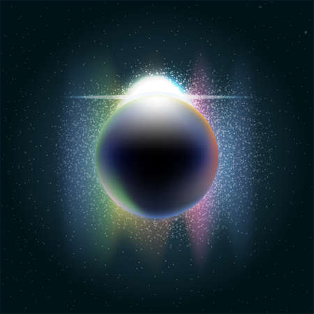 Futuristic planet earth in 3d in space full of stars, rising sun with colored light and sparkle. Digital vector imageのイラスト素材