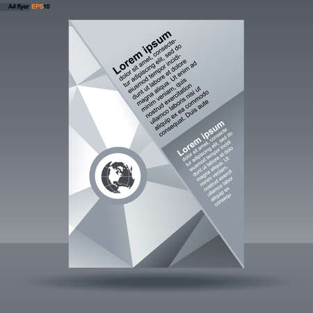 Abstract print A4 design with triangles for flyers, banners or posters, with world map icon, over silver background. Digital vector image.のイラスト素材