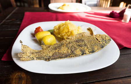 Photo of cooked trout fish on a plate with lemon, cream and mamaliga corn meal. Romanian traditional dish.の写真素材