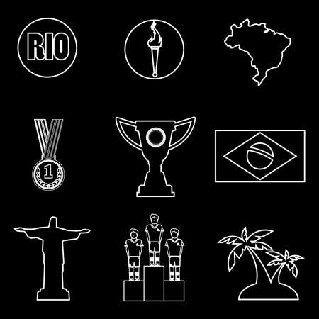 Rio, gold medal, burning torch and brazil flag icons set in outlines over black background. Digital vector image.のイラスト素材