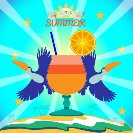 Abstract summer card with toucan birds and a cocktail on sand and sea background. Digital vector imageのイラスト素材