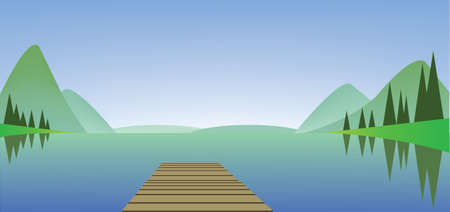 Abstract landscape with a river, wooden bridge and green fields. Digital vector imageのイラスト素材