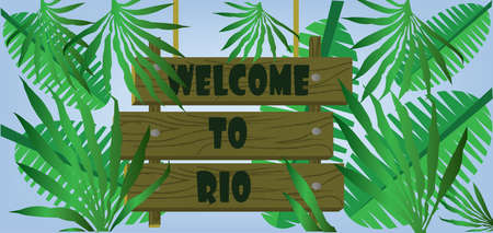 Welcome to rio text on planks card with palm branches over blue background. Digital vector imageのイラスト素材