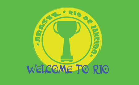 Welcome to rio card with a cup on yellow circle over green background, in outlines. Digital vector imageのイラスト素材