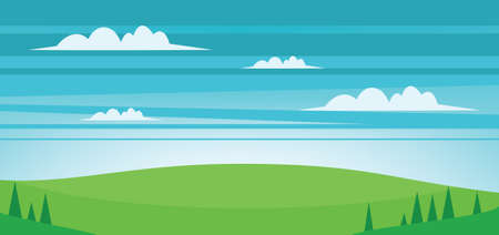 Abstract landscape with green fields, trees and clouds. Digital vector imageのイラスト素材