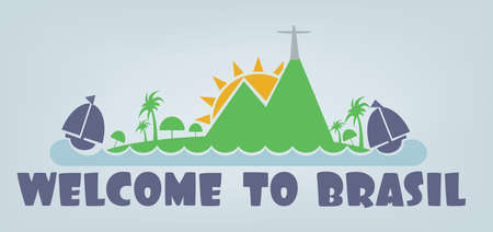 Welcome to brasil card with sun, boat and palm trees over silver background, in outlines. Digital vector imageのイラスト素材