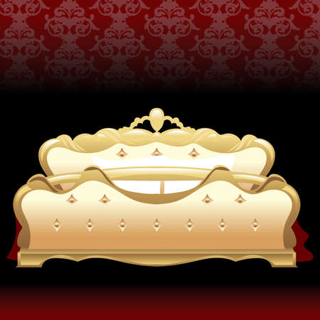 Golden royal bed, flat style over red background. Digital vector imageのイラスト素材