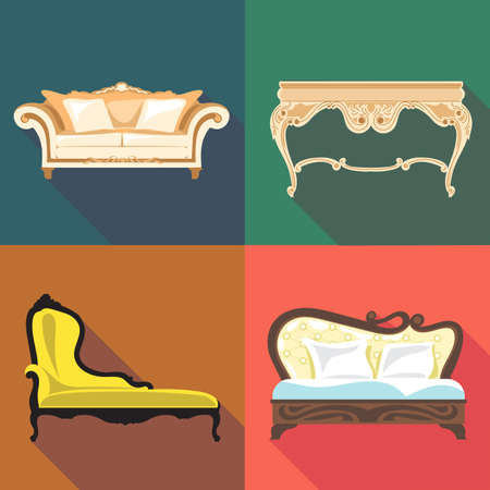Bedroom home decoration icon set, flat style. Digital vector imageのイラスト素材
