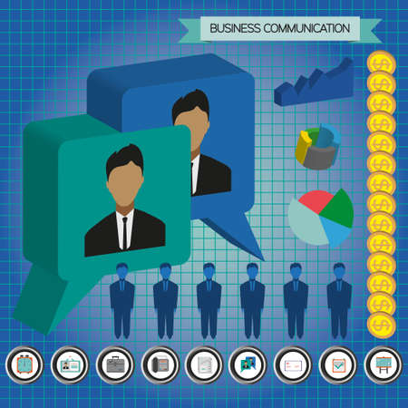Business communication infographic with icons, persons, money and charts, flat design. Digital vector imageのイラスト素材