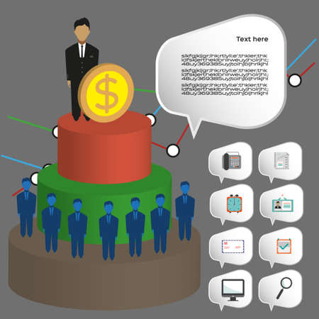 Business infographic with icons, persons, 3d pie chart and badge, flat design. Digital vector imageのイラスト素材