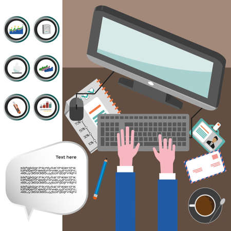 Business infographic with icons, computer and typing keyboard, flat design. Digital vector imageのイラスト素材