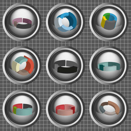 Business 3d pie charts set, flat style over silver background with white grid. Digital vector imageのイラスト素材