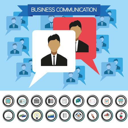 Business communication infographic with icons, persons and team members, flat design. Digital vector imageのイラスト素材