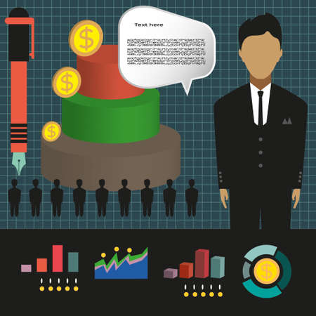 Business elements infographic with person, 3d pie chart and business idea, flat design. Digital vector imageのイラスト素材