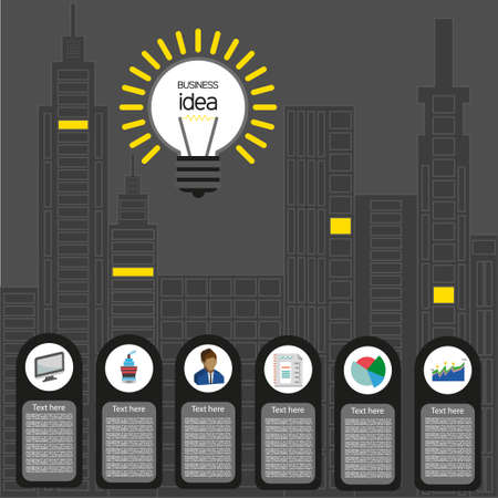 Business idea design with bulb and city buildings icons, flat design. Digital vector imageのイラスト素材
