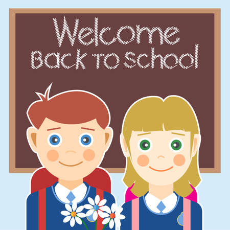Welcome back to school card with a boy, a girl and flowers. Digital vector imageのイラスト素材