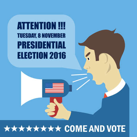 Usa 2016 election card with a character with megaphone giving details to come and vote. Digital vector imageのイラスト素材