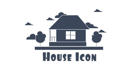Vector flat style one floor house with trees and clouds silver icon.のイラスト素材