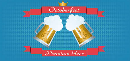 Vector Oktoberfest beer festival with red ribbon, golden crown and glasses of beer with foam over blue background.のイラスト素材