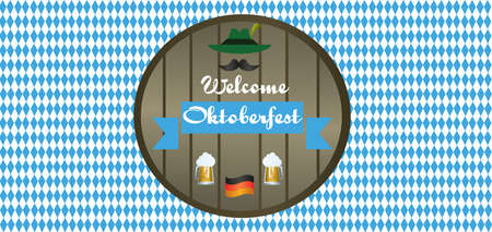 Vector welcome Oktoberfest beer festival with green hunter hat, mustache, beer glasses and german national flag.のイラスト素材