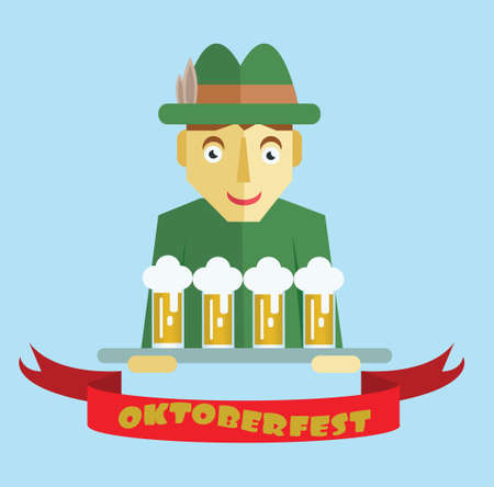Vector Oktoberfest beer festival with cartoony hunter character, red ribbon and glasses of beer.のイラスト素材