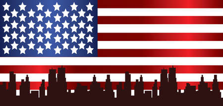 Vector Patriot Day, with usa flag and city buildings silhouette.のイラスト素材