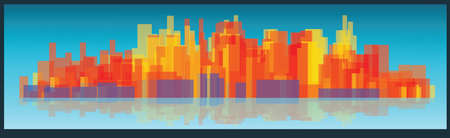 Vector cityscape tall buildings on a long strip widescreen over blue background with reflectionのイラスト素材