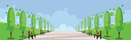Vector abstract green landscape with alley, a road and benches in a park, flat style.のイラスト素材