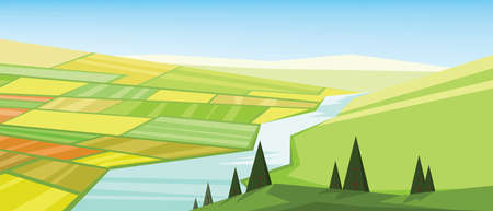 Vector abstract green landscape with yellow fields, hills and a river, flat zigzag style.