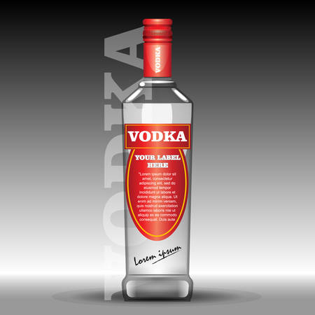 Vector red vodka bottle mockup with your label here text. Silver bottle with cap over black backgroundのイラスト素材
