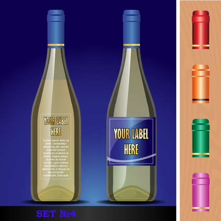 Vector wine bottles mockup with your label here text. Blue bottle and yellow wine. Red, orange, green and pink capsのイラスト素材