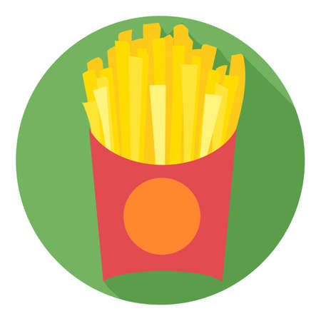Digital vector potatoe french fries chips red pack in a green circle, flat style.