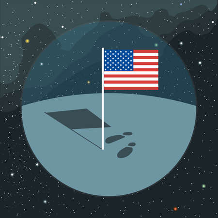Digital vector with american usa flag icon, planet, shadow and foot steps, over background with stars, flat styleの写真素材